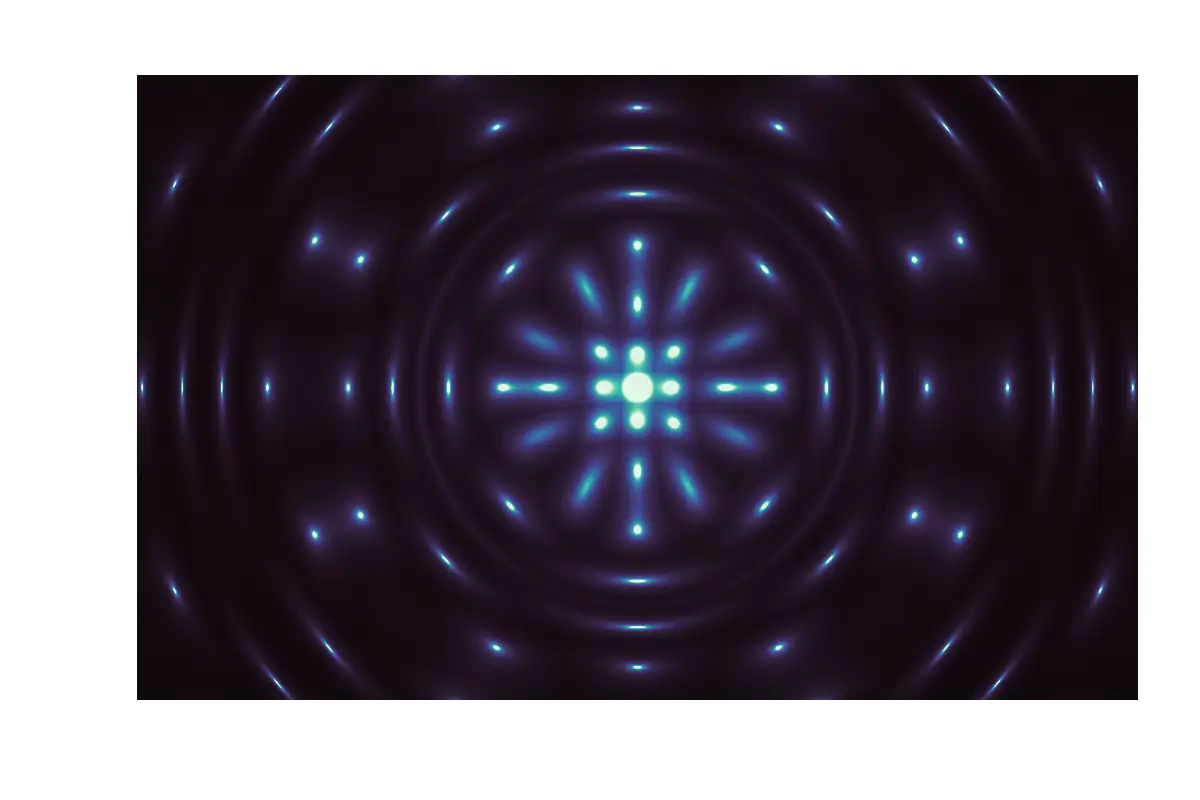 Glowing cyan dots, streaks and concentric rings of light radiating from a bright center on a dark background