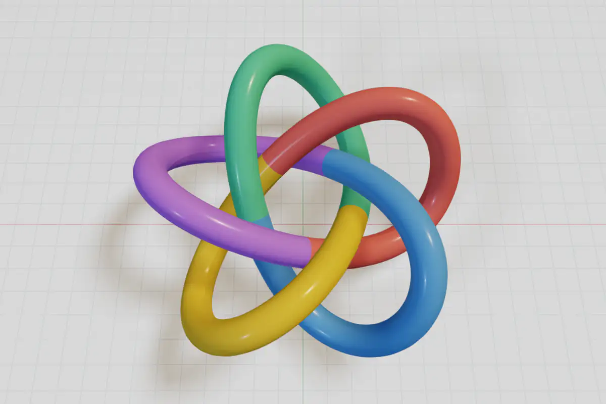 Tube around a five-lobed torus knot, in five colored segments, seen from above