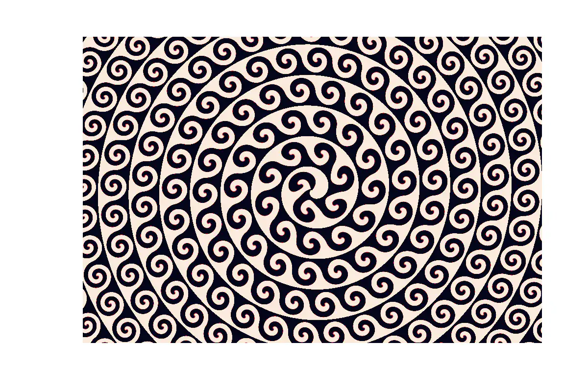 A mosaic of dark curling waves on a cream ground, laid out in rings that spiral out from the centre