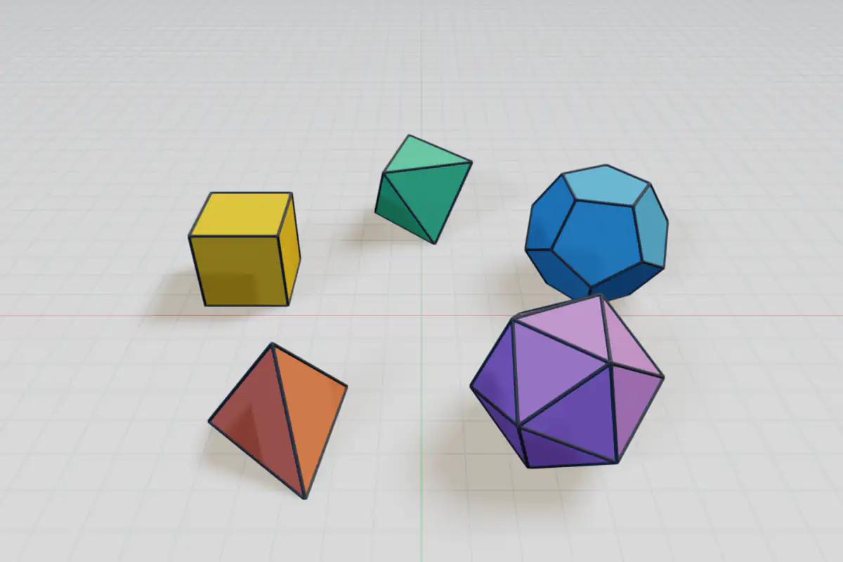 Five colored polyhedra with dark edges standing on a grid: a tetrahedron, a cube, an octahedron, a dodecahedron and an icosahedron