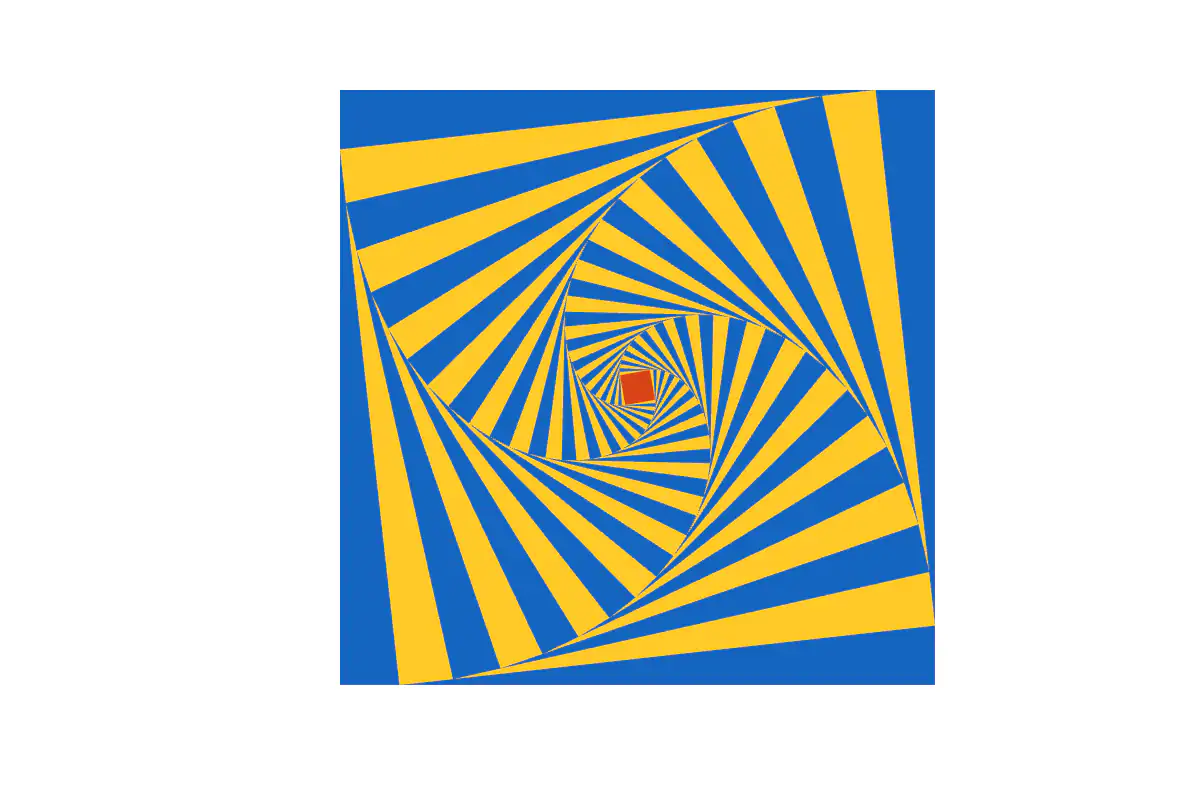 A square divided into thin blue and yellow triangles that turn in four spiral arms toward a small orange square at the centre